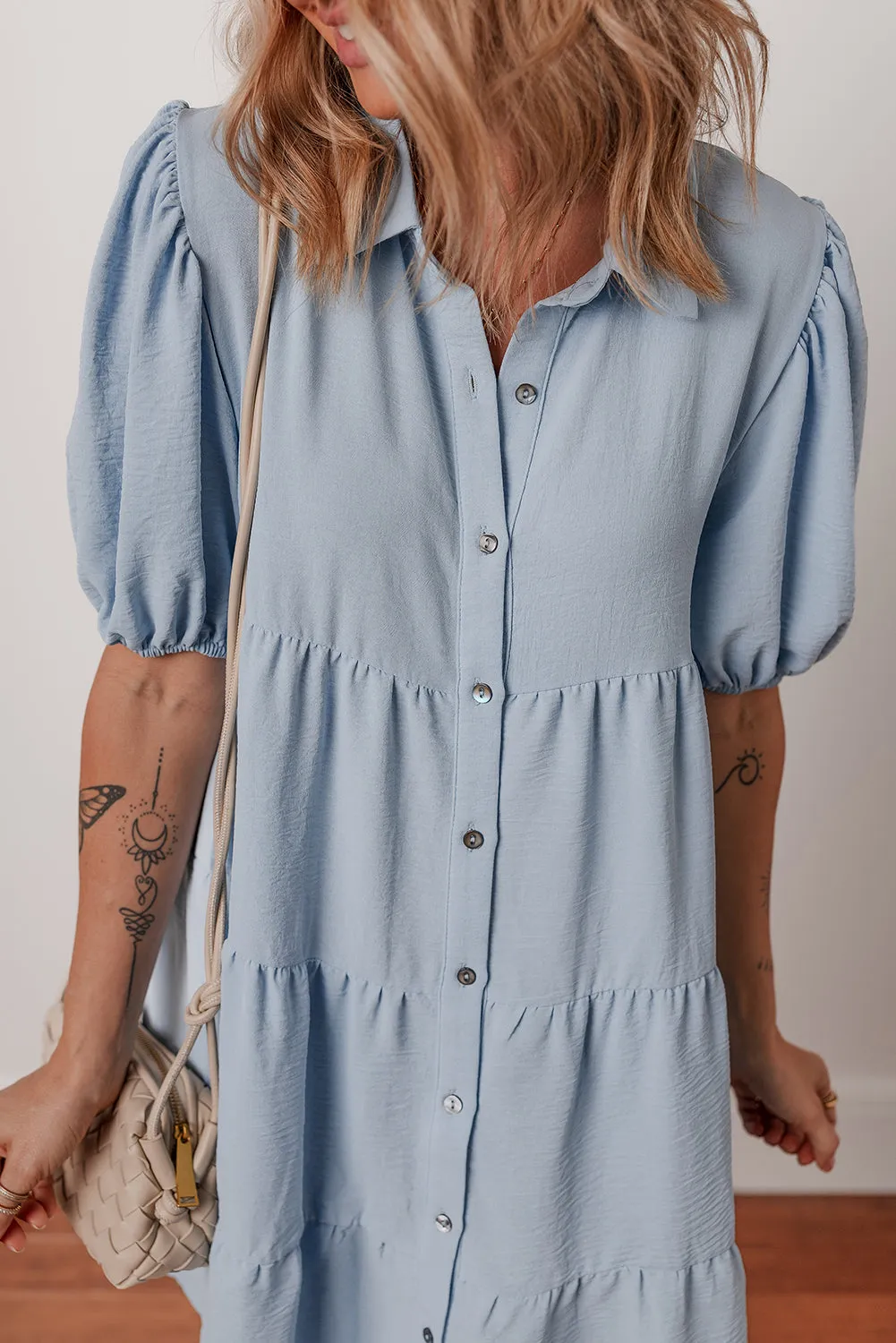 Beau Blue Shirt Collar Button Up Short Puff Sleeve Tiered Shift Dress sold by Beagle Boutique product image thumbnail 2