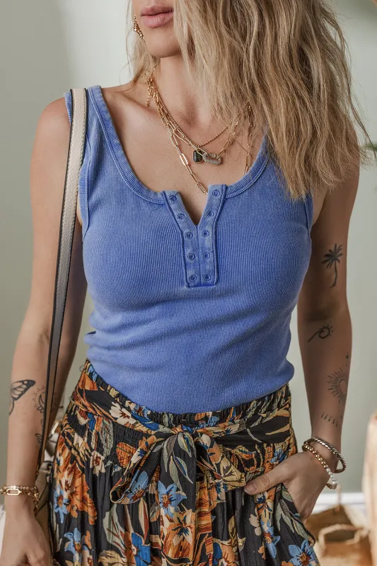Sky Blue Mineral Wash Ribbed Notch Neck Tank Top sold by Beagle Boutique