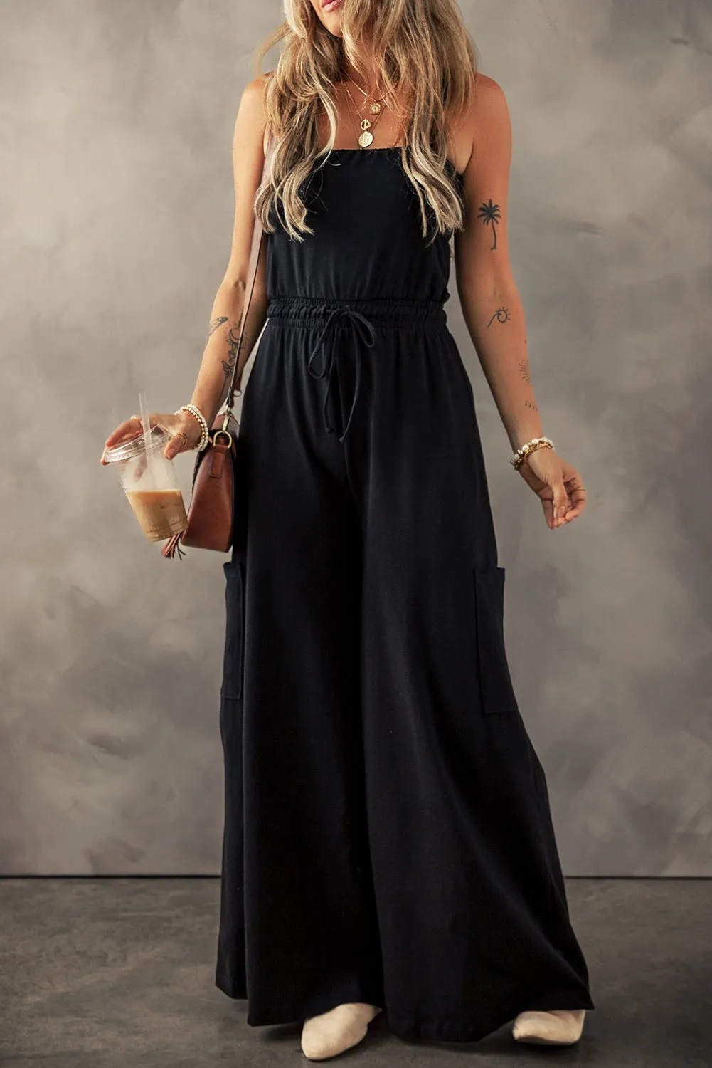 Black Drawstring Wide Leg Cargo Pockets Sleeveless Jumpsuit sold by Beagle Boutique product image thumbnail 3