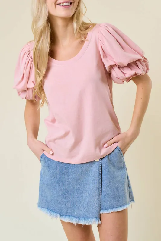 Light Pink Scoop Neck Bubble Sleeve Tee sold by Beagle Boutique
