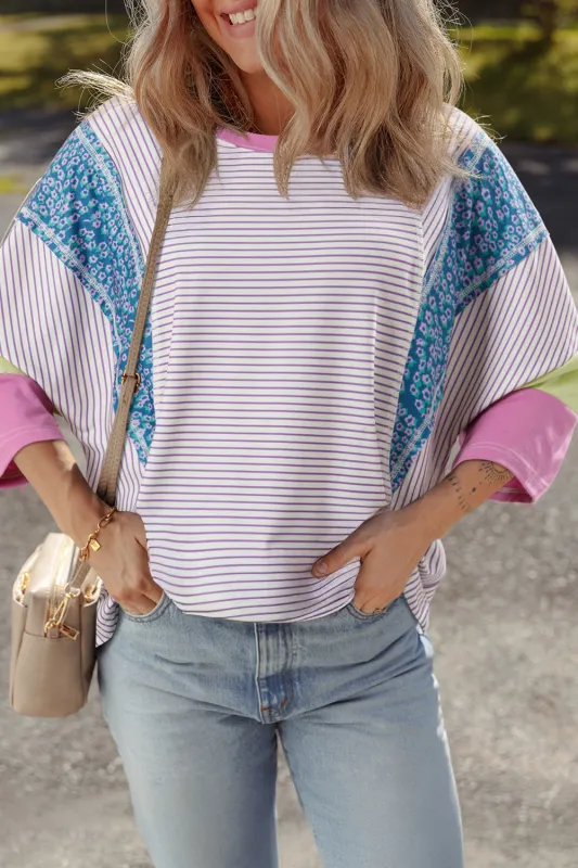 Purple Stripe Floral Color Block Raw Edge Patchwork Bracelet Sleeve Blouse sold by Beagle Boutique