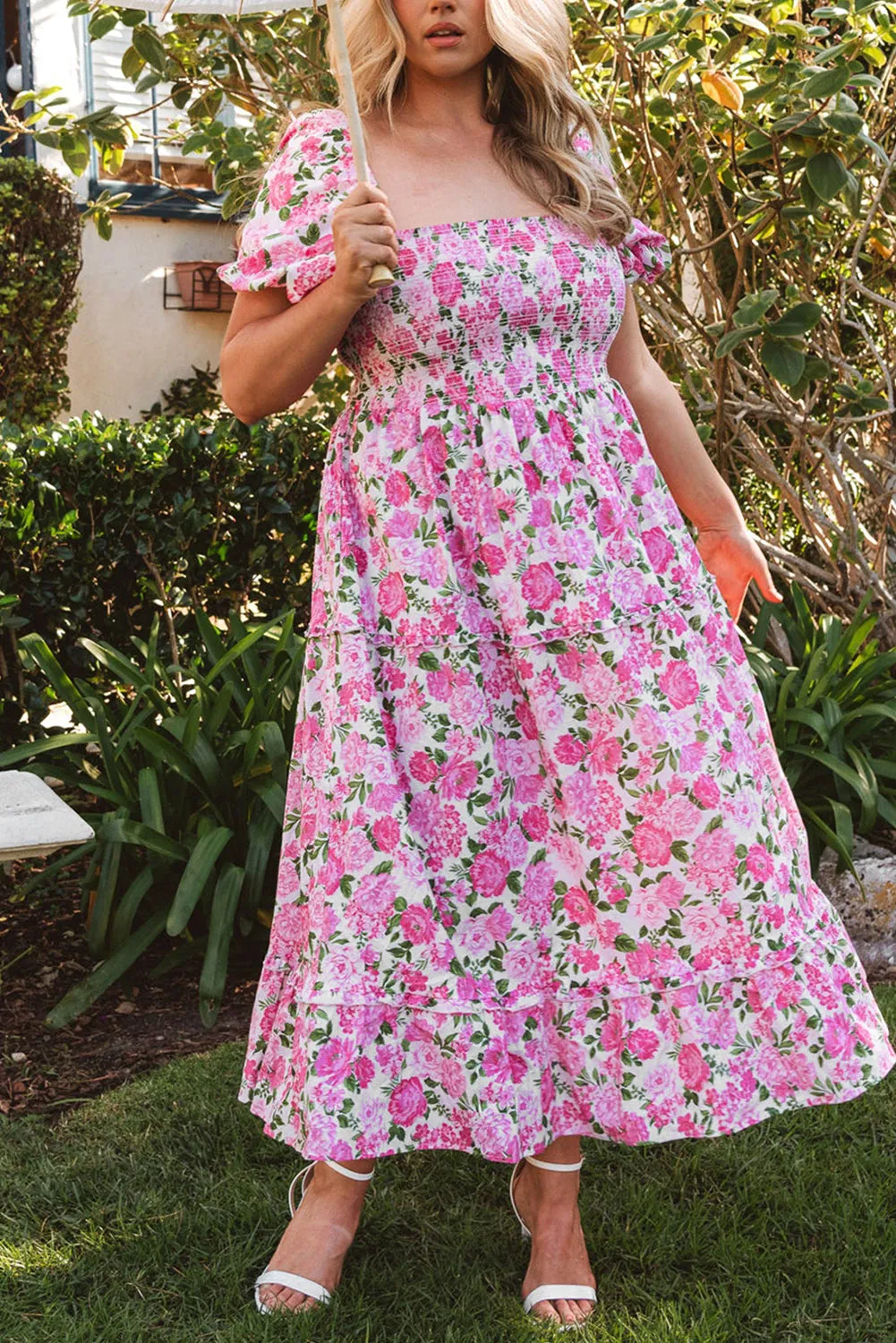 Pink Dainty Floral Smocked Puff Sleeve Flowy Long Dress sold by Beagle Boutique