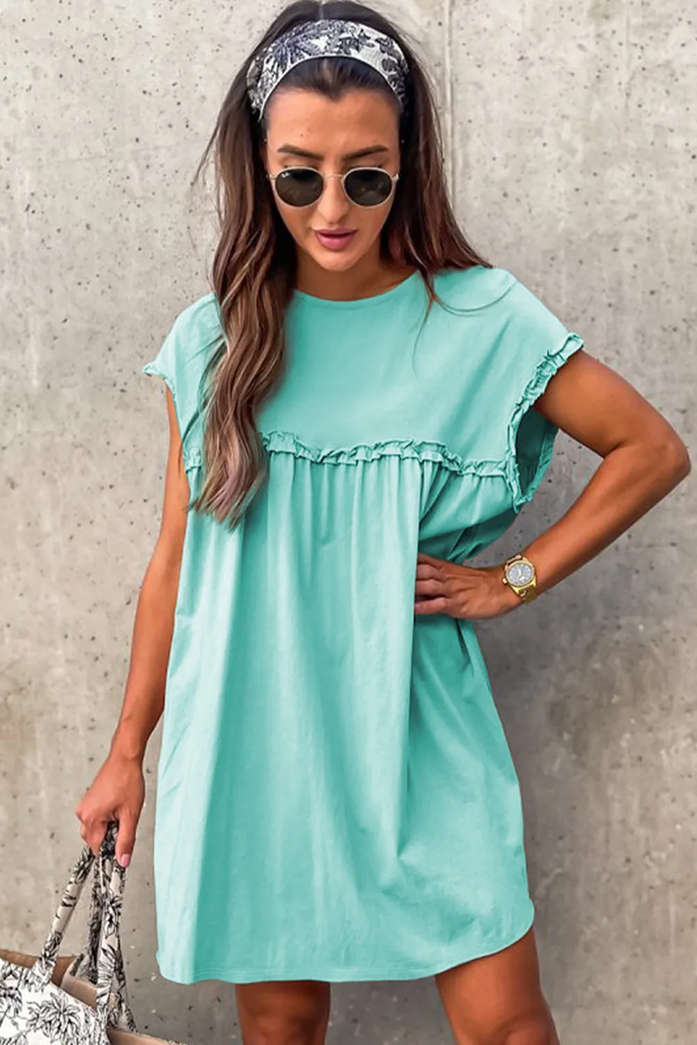 Mint Green Frilled Trim Crew Neck Loose Fit Mini Dress sold by Beagle Boutique product image thumbnail 4