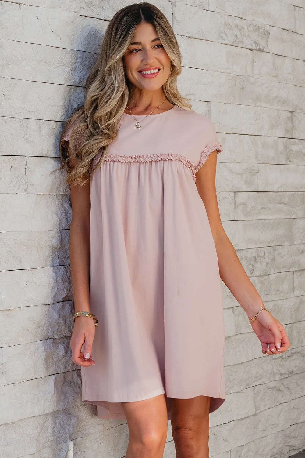 Mint Green Frilled Trim Crew Neck Loose Fit Mini Dress sold by Beagle Boutique product image thumbnail 5