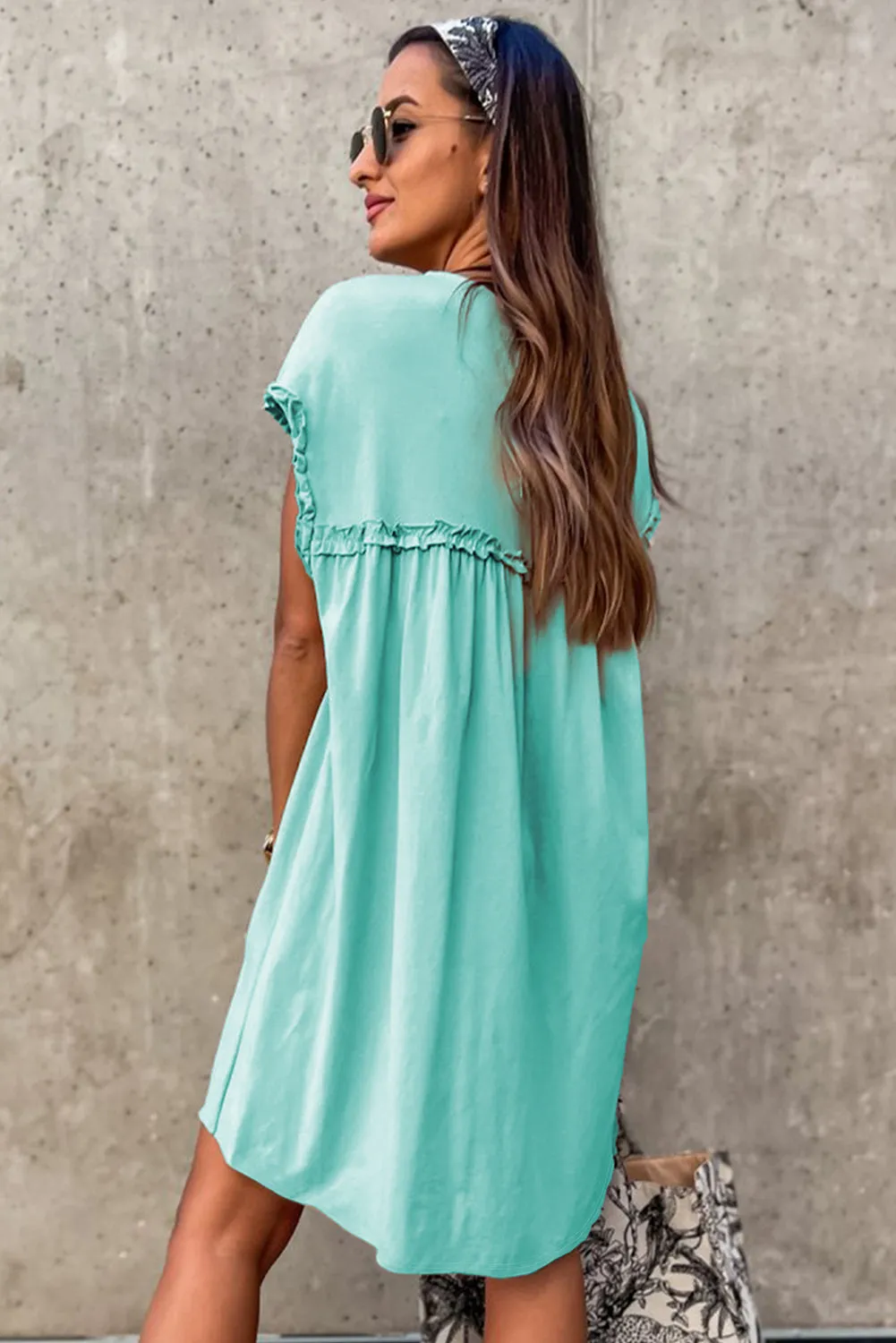 Mint Green Frilled Trim Crew Neck Loose Fit Mini Dress sold by Beagle Boutique product image thumbnail 2