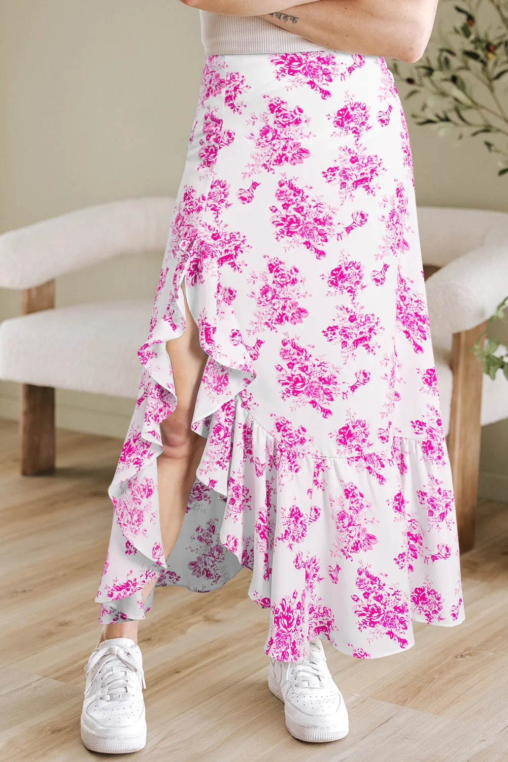 Rose Boho Floral High Waist Ruffle Split Maxi Skirt sold by Beagle Boutique