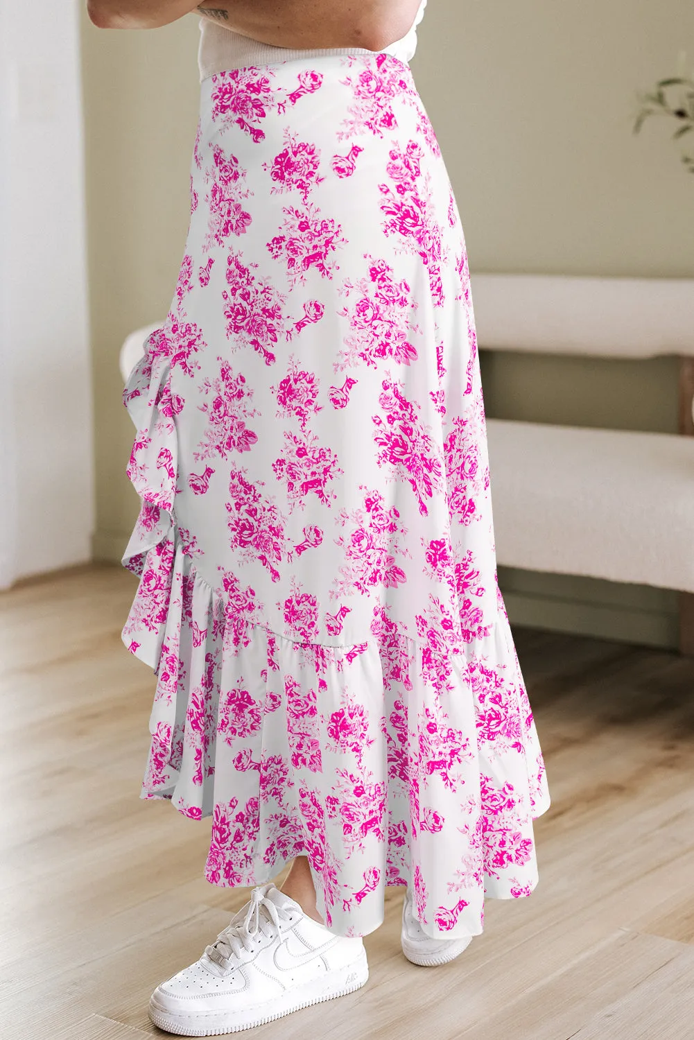 Rose Boho Floral High Waist Ruffle Split Maxi Skirt sold by Beagle Boutique product image thumbnail 3