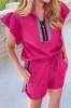 Strawberry Pink Striped Detail Flutter Sleeve Zipped Collar Short Set sold by Beagle Boutique
