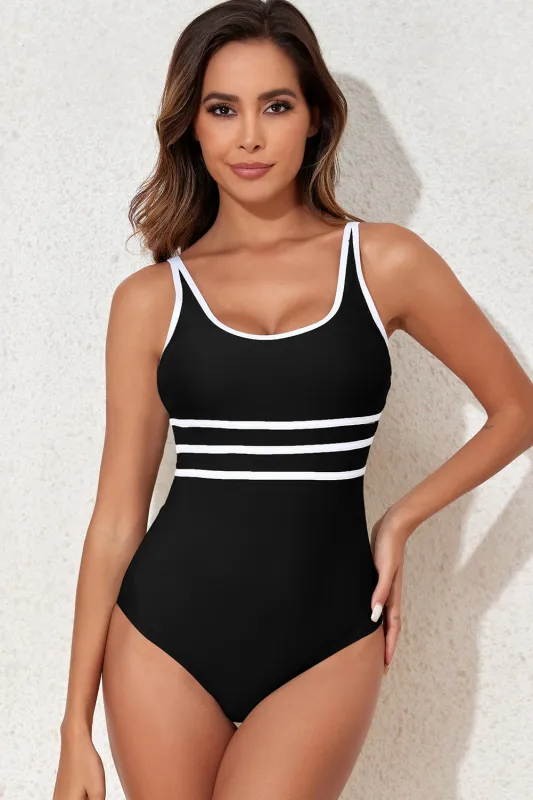 Black Contrast Trim Colorblock U Neck One Piece Swimwear sold by Beagle Boutique