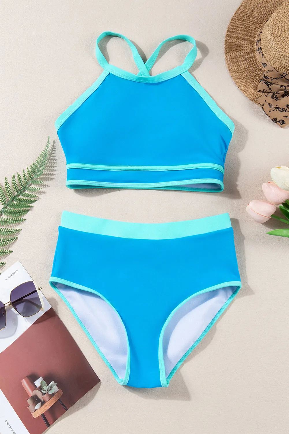 Blue Contrast Trim Crisscross Back High Waisted Bikini sold by Beagle Boutique
