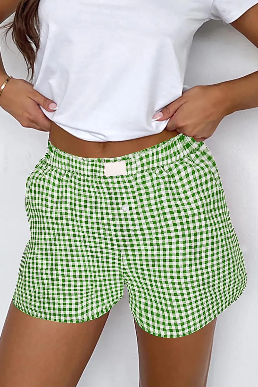 Fern Green Red Plaid Gingham Printed High Waist Shorts sold by Beagle Boutique