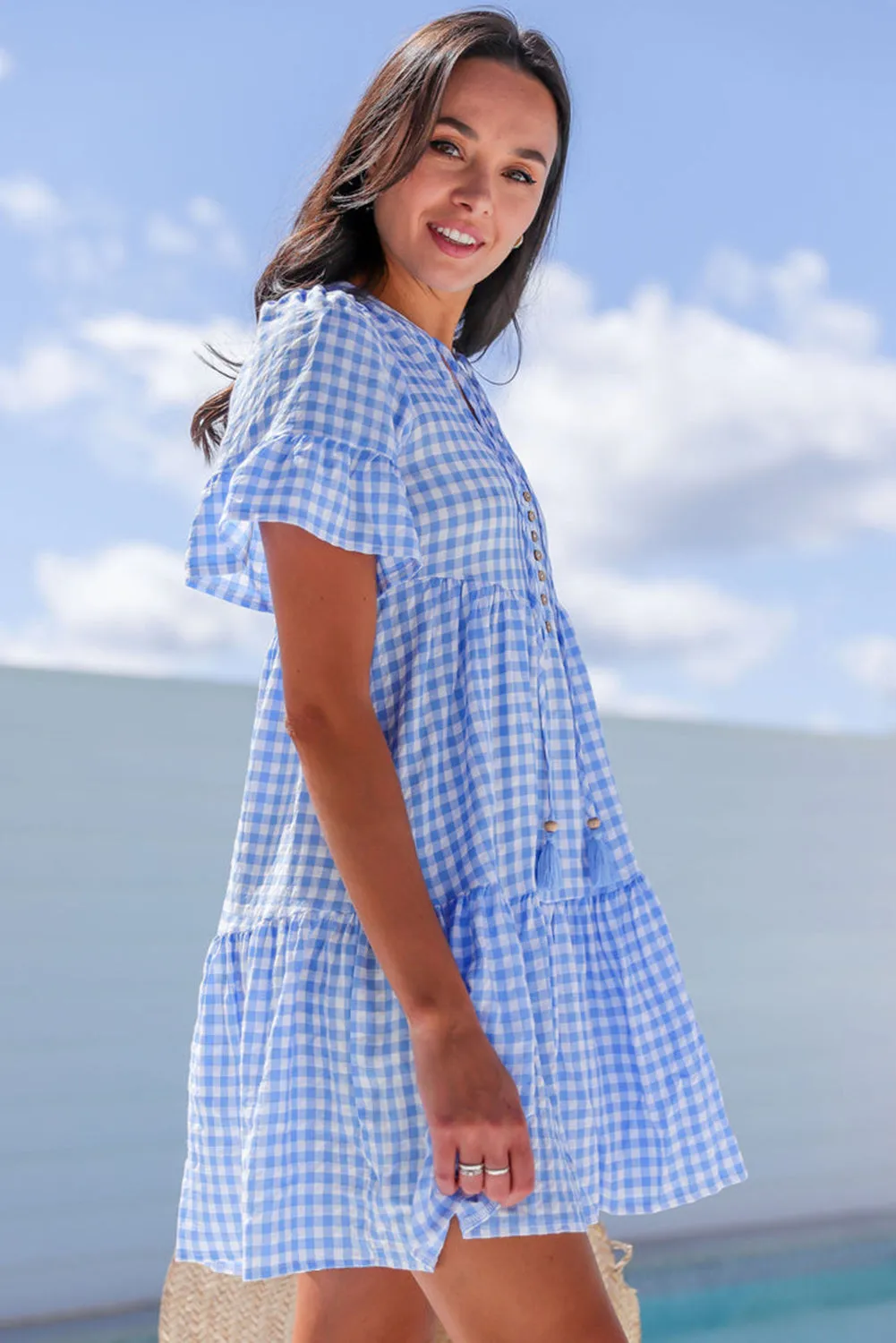 Sky Blue Gingham Short Sleeve Button Tie Split Neck Loose Mini Dress sold by Beagle Boutique product image thumbnail 3