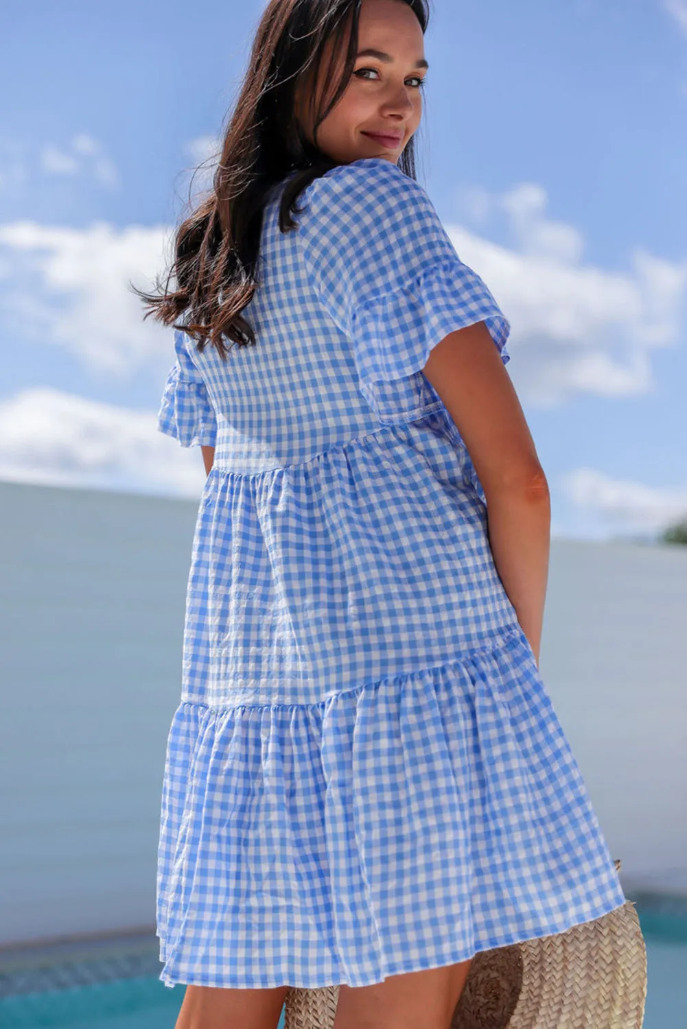 Sky Blue Gingham Short Sleeve Button Tie Split Neck Loose Mini Dress sold by Beagle Boutique product image thumbnail 2