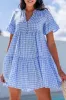 Sky Blue Gingham Short Sleeve Button Tie Split Neck Loose Mini Dress sold by Beagle Boutique