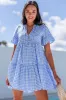 Sky Blue Gingham Short Sleeve Button Tie Split Neck Loose Mini Dress sold by Beagle Boutique