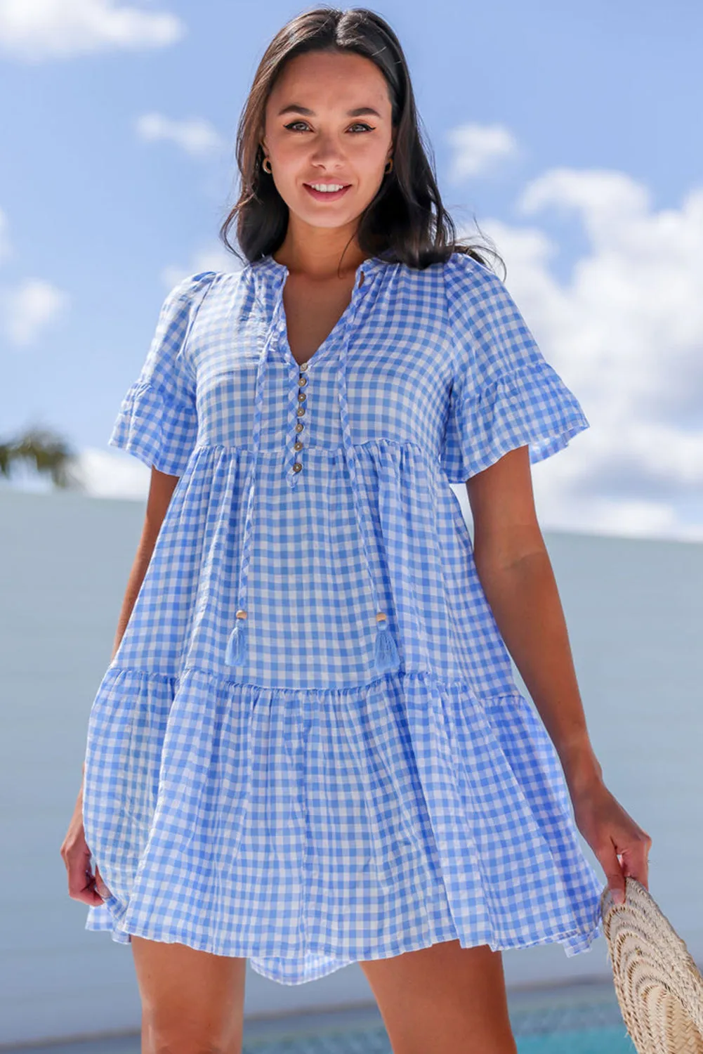 Sky Blue Gingham Short Sleeve Button Tie Split Neck Loose Mini Dress sold by Beagle Boutique product image thumbnail 5