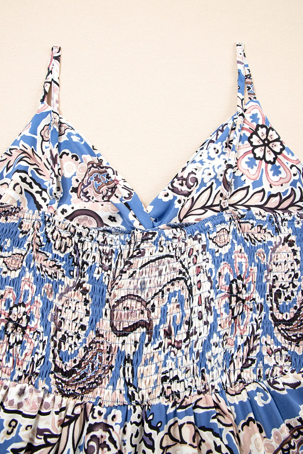 Blue Paisley Print Twist Detail Smocked Back Spaghetti Straps Long Dress sold by Beagle Boutique product image thumbnail 5