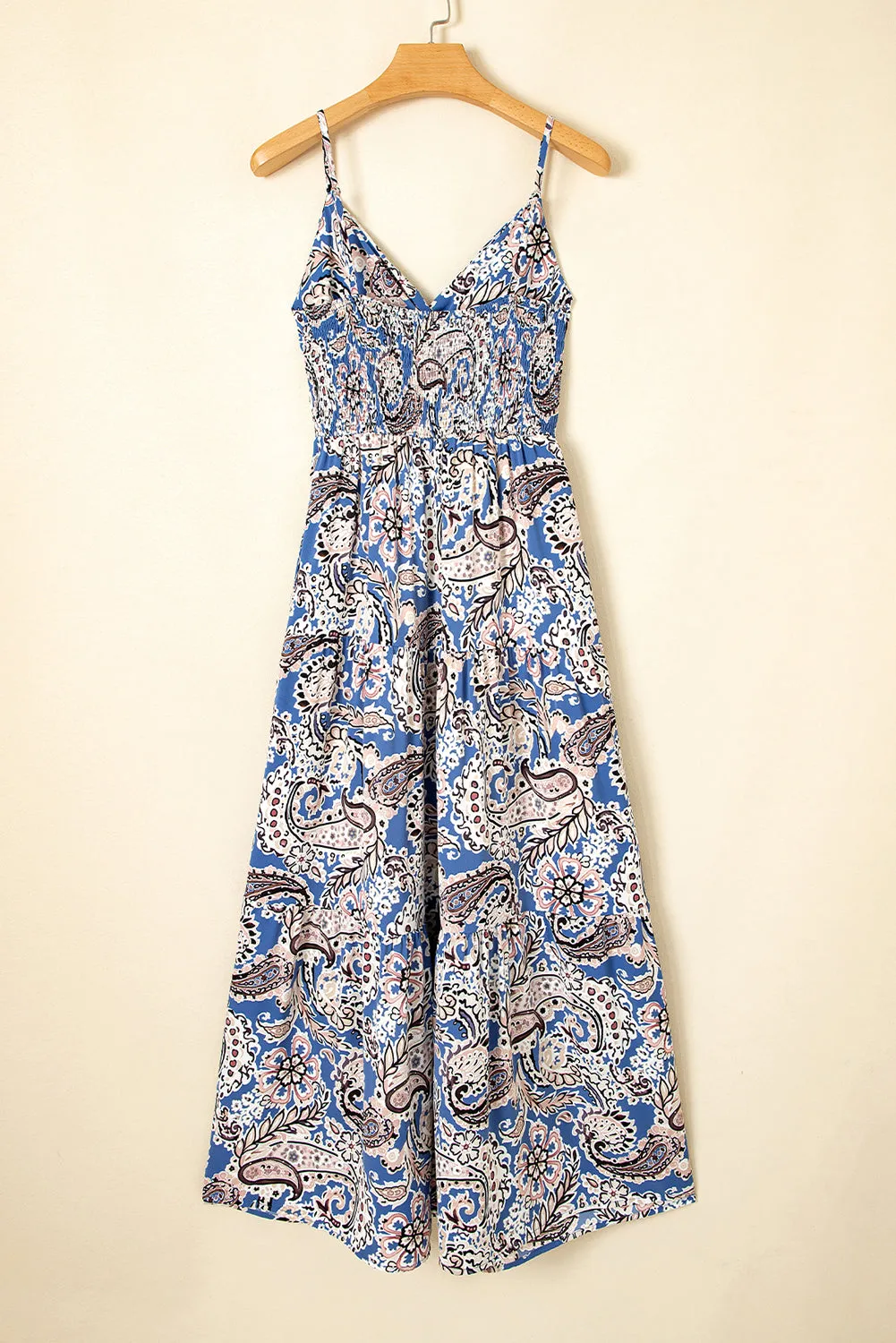 Blue Paisley Print Twist Detail Smocked Back Spaghetti Straps Long Dress sold by Beagle Boutique product image thumbnail 3