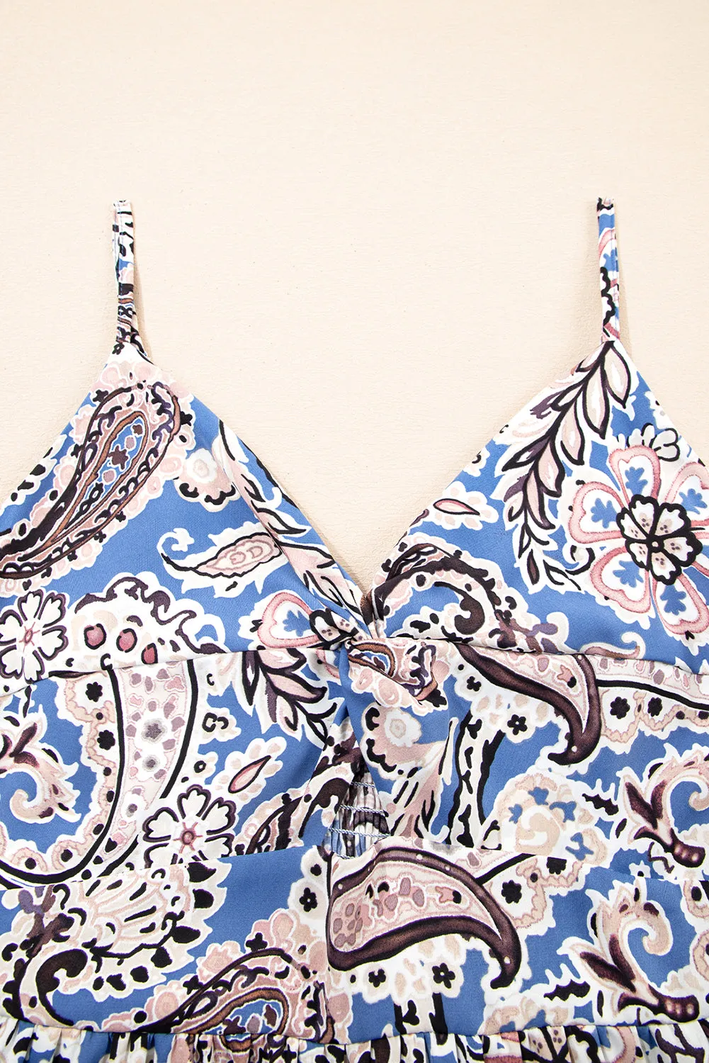 Blue Paisley Print Twist Detail Smocked Back Spaghetti Straps Long Dress sold by Beagle Boutique product image thumbnail 4