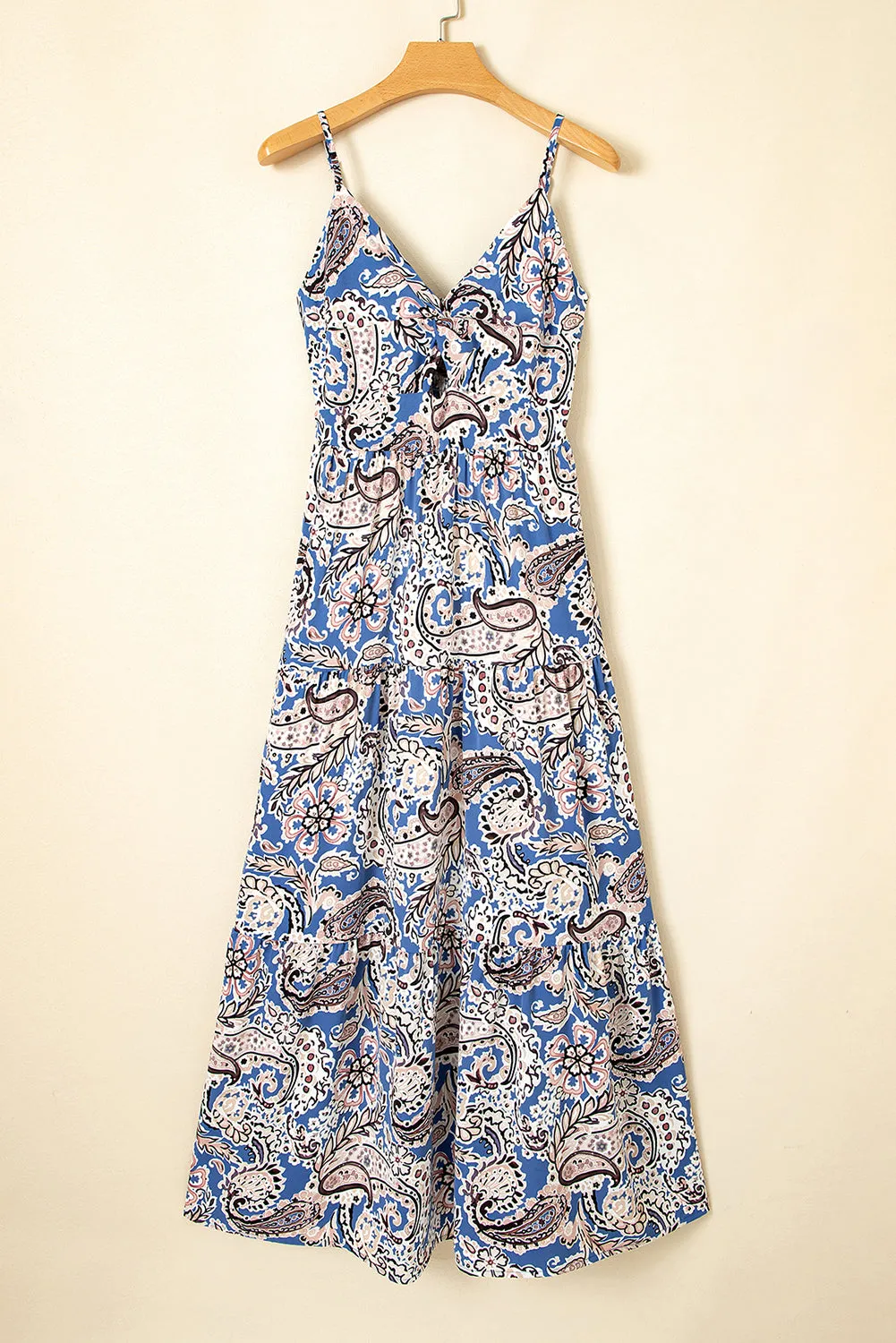 Blue Paisley Print Twist Detail Smocked Back Spaghetti Straps Long Dress sold by Beagle Boutique product image thumbnail 2