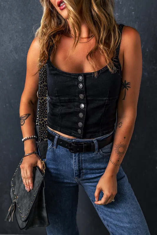 Black Acid Wash Buttoned Cropped Slim Denim Tank Top sold by Beagle Boutique