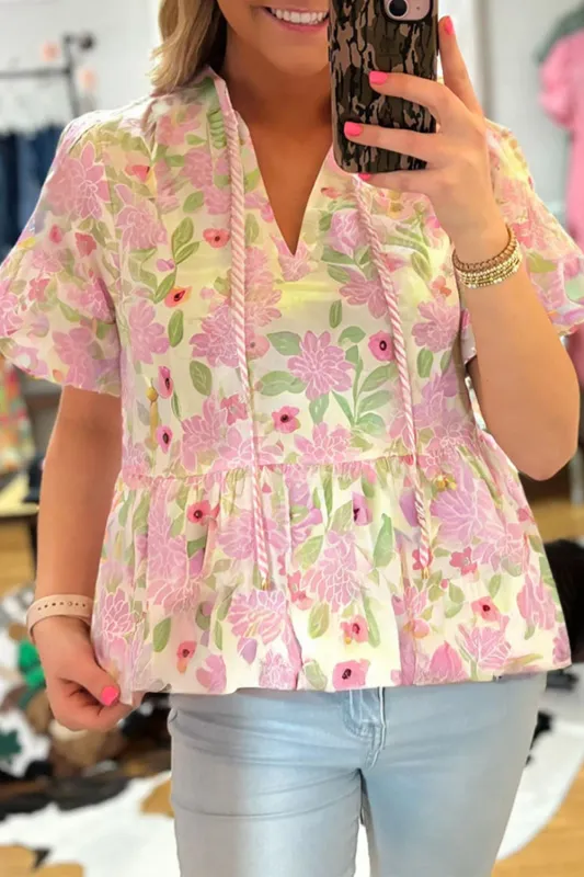Pink Floral Print Drawstring V Neck Peplum Blouse sold by Beagle Boutique