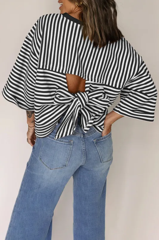 Black Stripe Bowknot Cutout Back Drop Shoulder Wide Bracelet Sleeve Loose Tee sold by Beagle Boutique