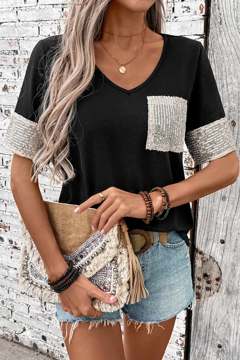 Black Sequin Pocket Patchwork Sleeve V Neck T Shirt sold by Beagle Boutique
