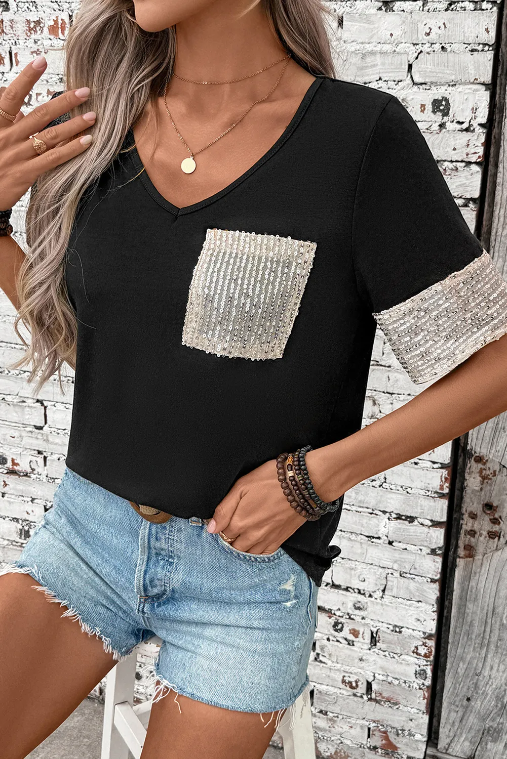 Black Sequin Pocket Patchwork Sleeve V Neck T Shirt sold by Beagle Boutique product image thumbnail 3