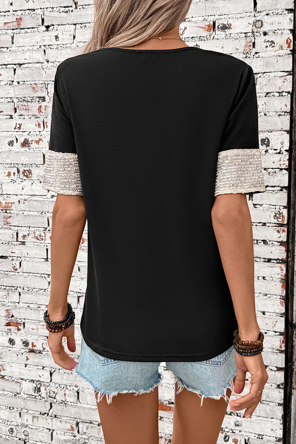 Black Sequin Pocket Patchwork Sleeve V Neck T Shirt sold by Beagle Boutique product image thumbnail 2