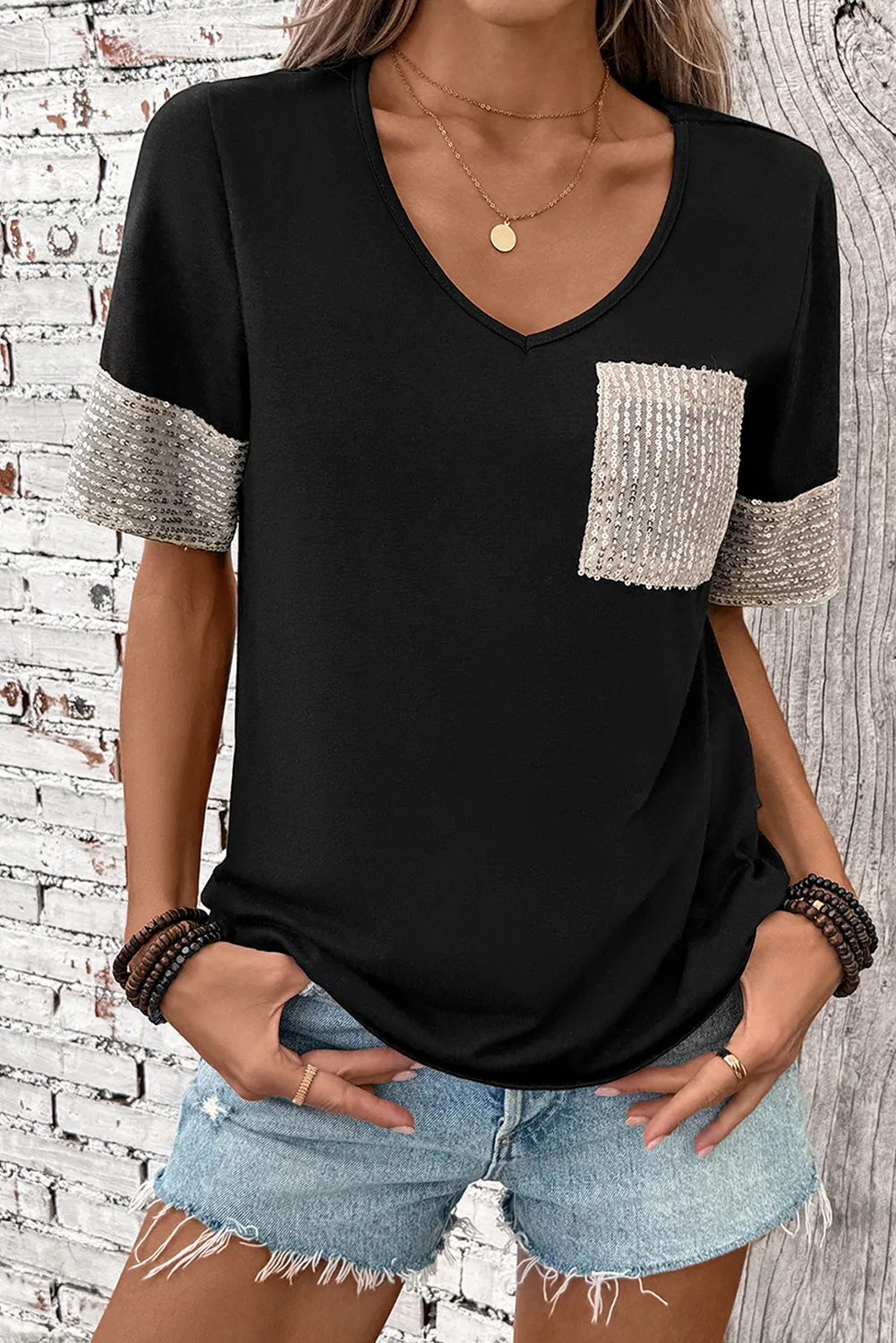 Black Sequin Pocket Patchwork Sleeve V Neck T Shirt sold by Beagle Boutique product image thumbnail 5