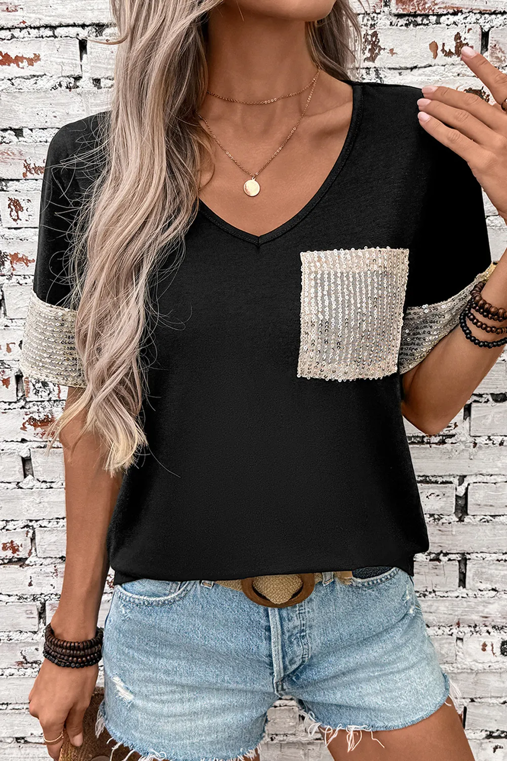 Black Sequin Pocket Patchwork Sleeve V Neck T Shirt sold by Beagle Boutique product image thumbnail 4