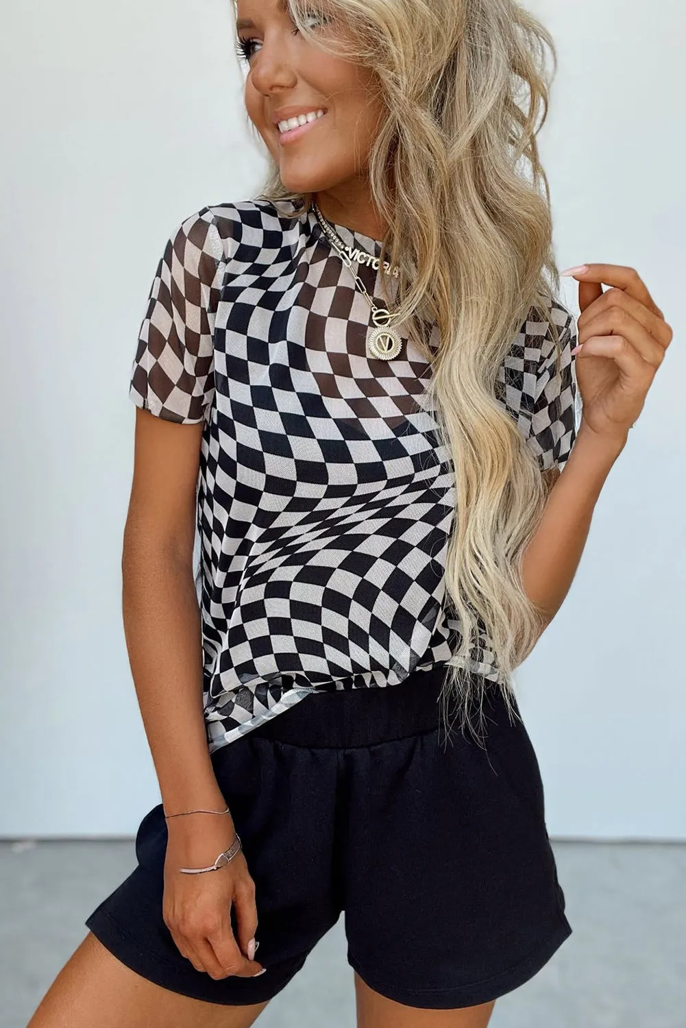Black Checker Mesh Crew Neck T Shirt sold by Beagle Boutique product image thumbnail 3