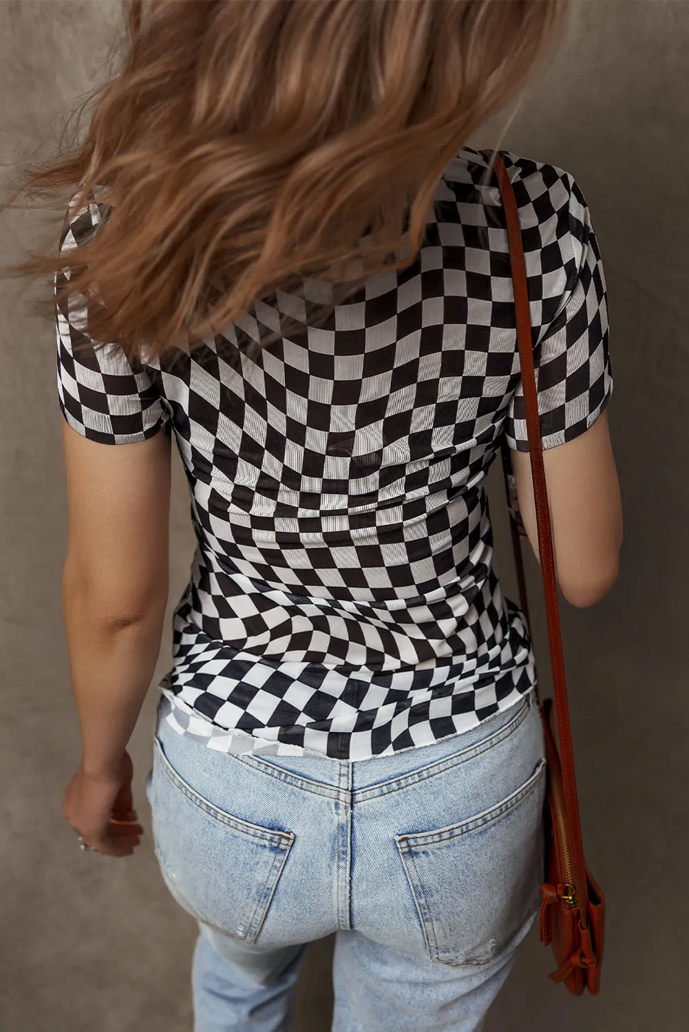 Black Checker Mesh Crew Neck T Shirt sold by Beagle Boutique product image thumbnail 2