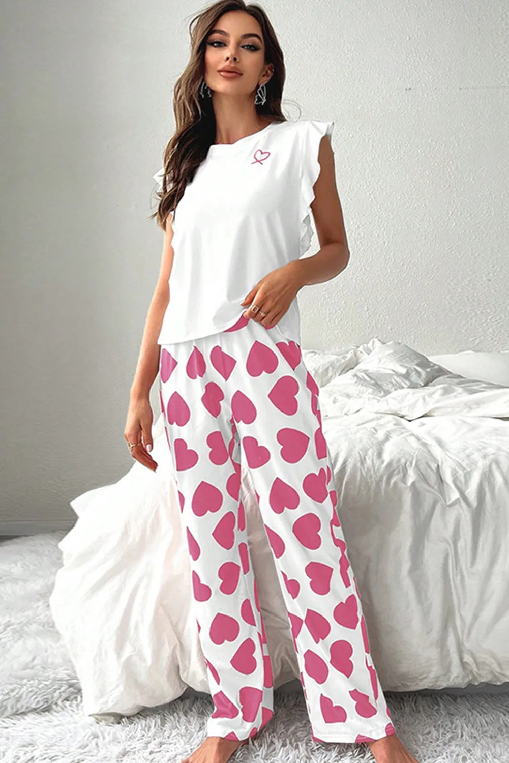 Pink Ruffled Tank Top And Heart Print Trousers Pyjamas sold by Beagle Boutique product image thumbnail 2