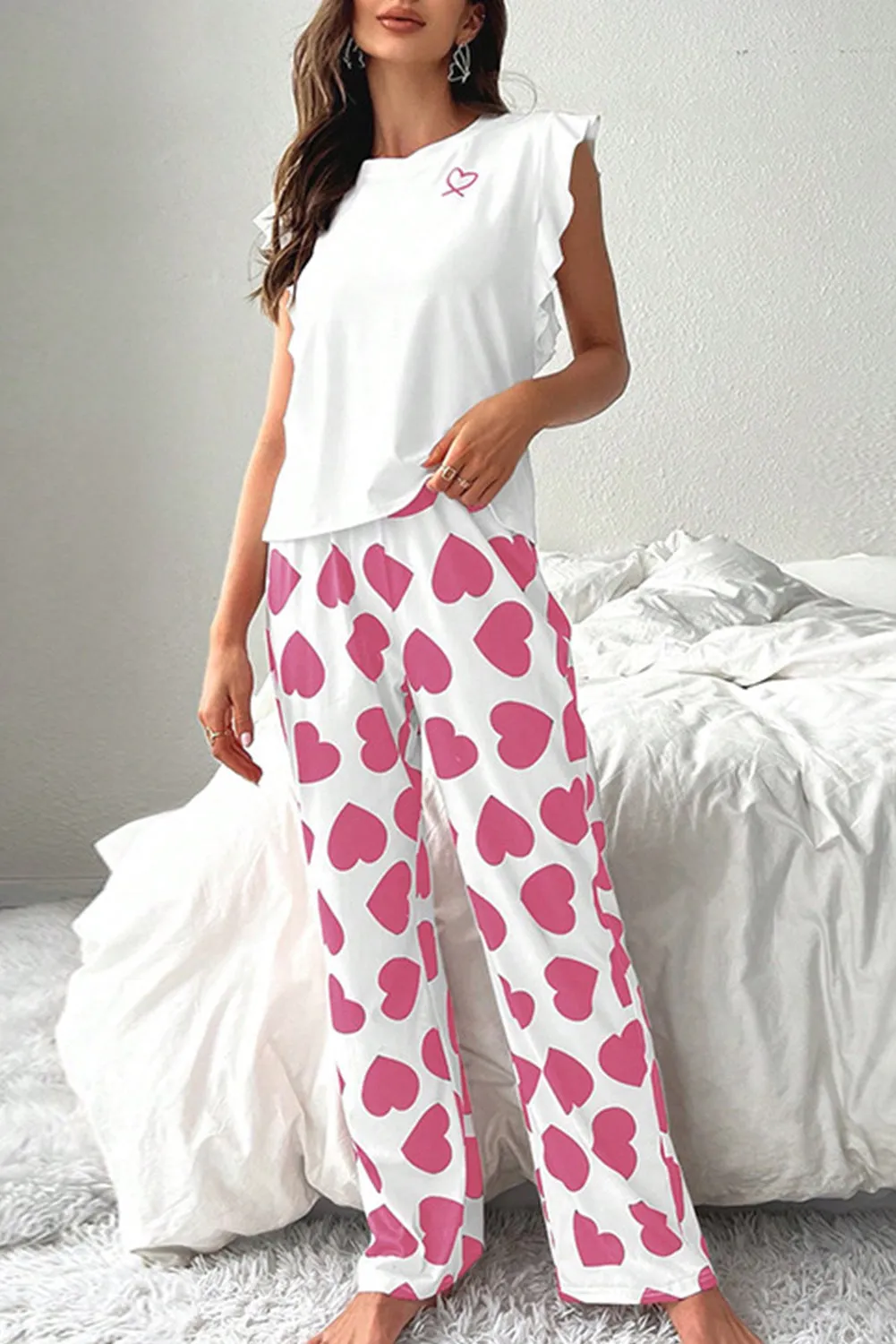 Pink Ruffled Tank Top And Heart Print Trousers Pyjamas sold by Beagle Boutique