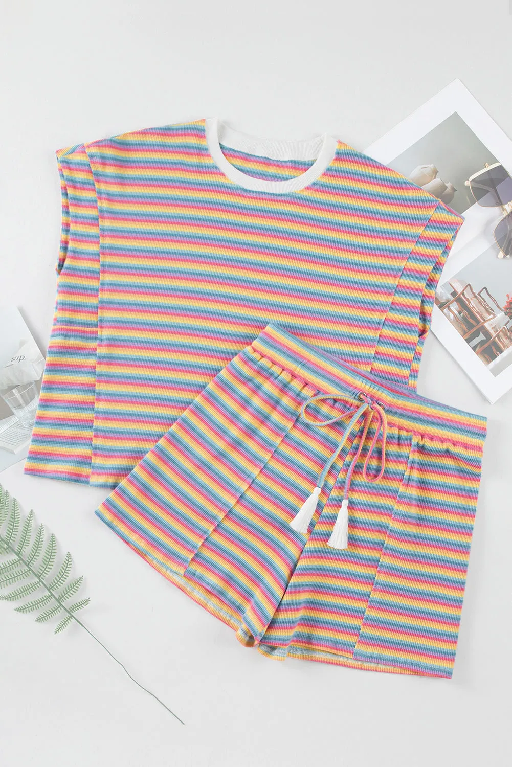 Pink Stripe Crew Neck Tee and Tasseled Drawstring Shorts Set Co-ord sold by Beagle Boutique product image thumbnail 4