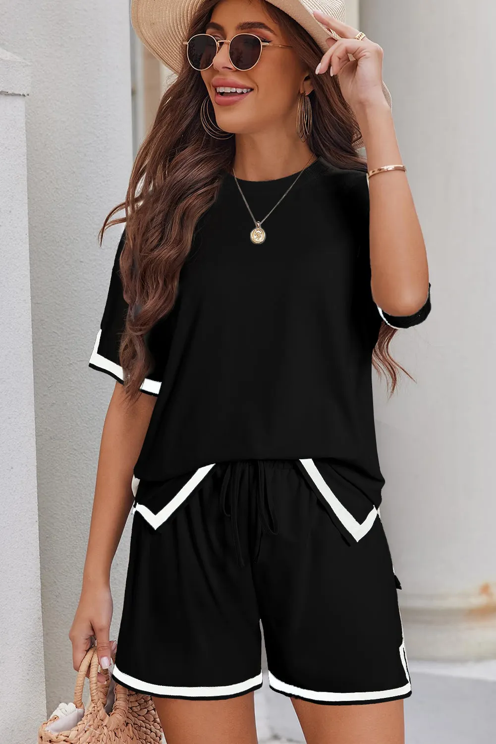 Black Contrast Trim Tee and Shorts Set Co-ord sold by Beagle Boutique product image thumbnail 3