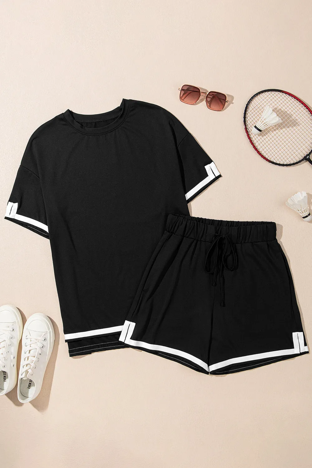 Black Contrast Trim Tee and Shorts Set Co-ord sold by Beagle Boutique product image thumbnail 4