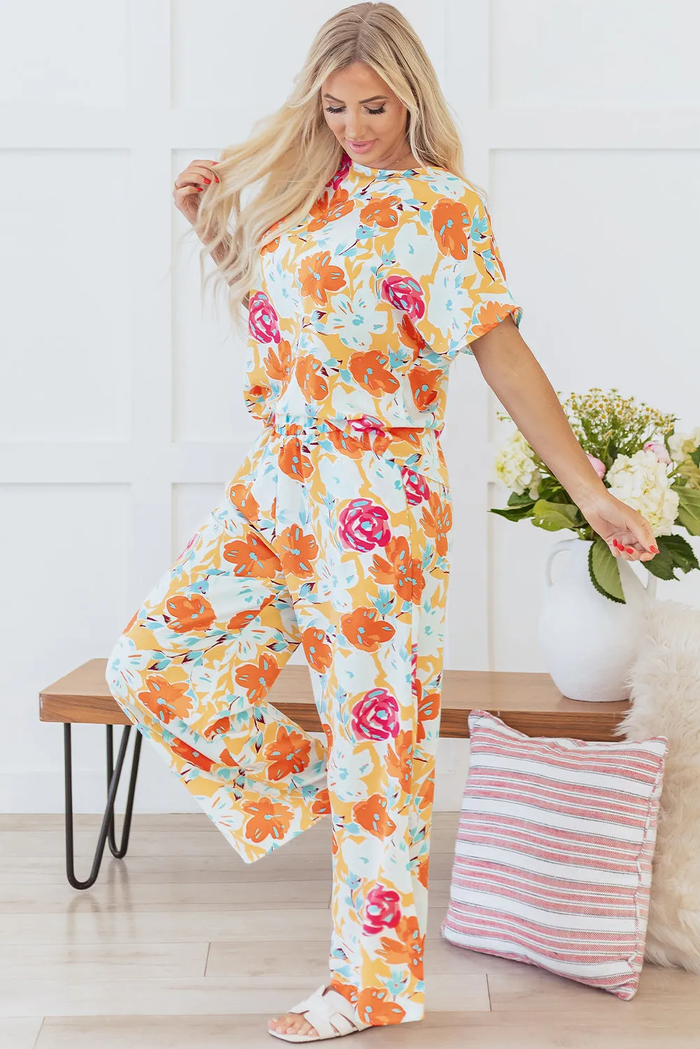 Orange Vibrant Floral Printed Short Sleeve Top 2 Piece Trousers Co-ord Set sold by Beagle Boutique product image thumbnail 5