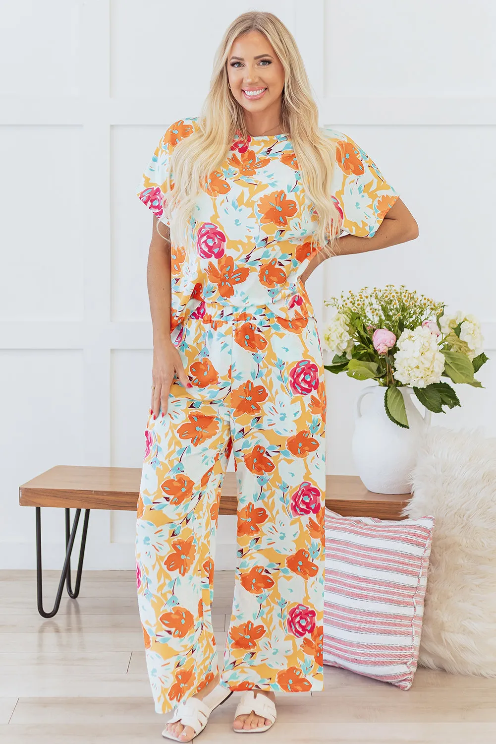 Orange Vibrant Floral Printed Short Sleeve Top 2 Piece Trousers Co-ord Set sold by Beagle Boutique