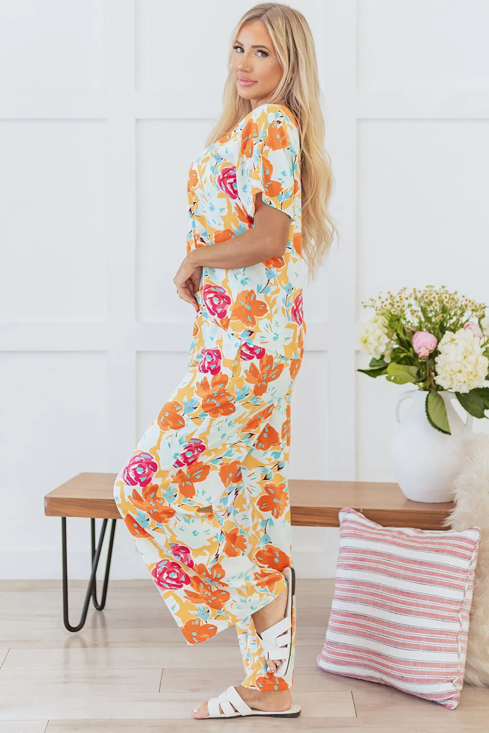 Orange Vibrant Floral Printed Short Sleeve Top 2 Piece Trousers Co-ord Set sold by Beagle Boutique product image thumbnail 4