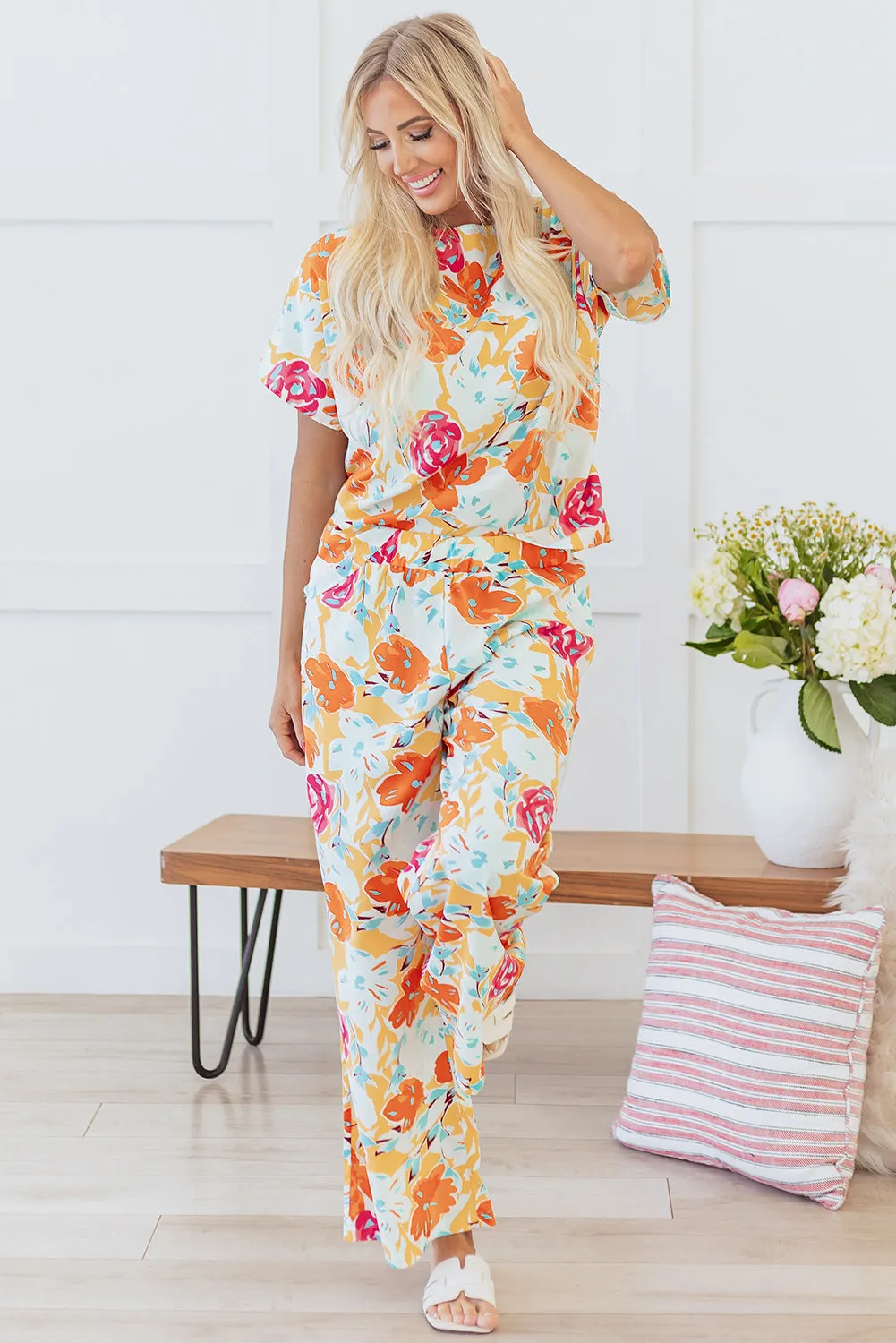 Orange Vibrant Floral Printed Short Sleeve Top 2 Piece Trousers Co-ord Set sold by Beagle Boutique product image thumbnail 3