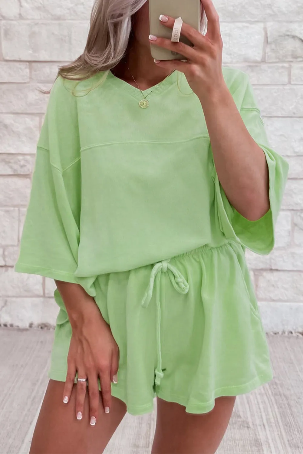 Meadow Mist Green Solid Loose V Neck Half Sleeve Tee and Shorts sold by Beagle Boutique