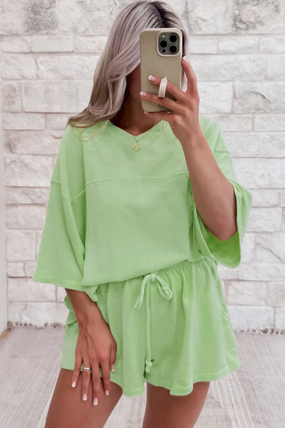Meadow Mist Green Solid Loose V Neck Half Sleeve Tee and Shorts sold by Beagle Boutique product image thumbnail 2