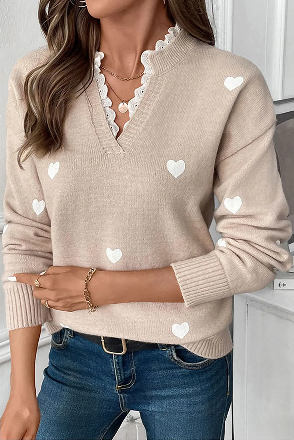 Heart Print Lace Splicing V Neck Valentines Sweater sold by Beagle Boutique