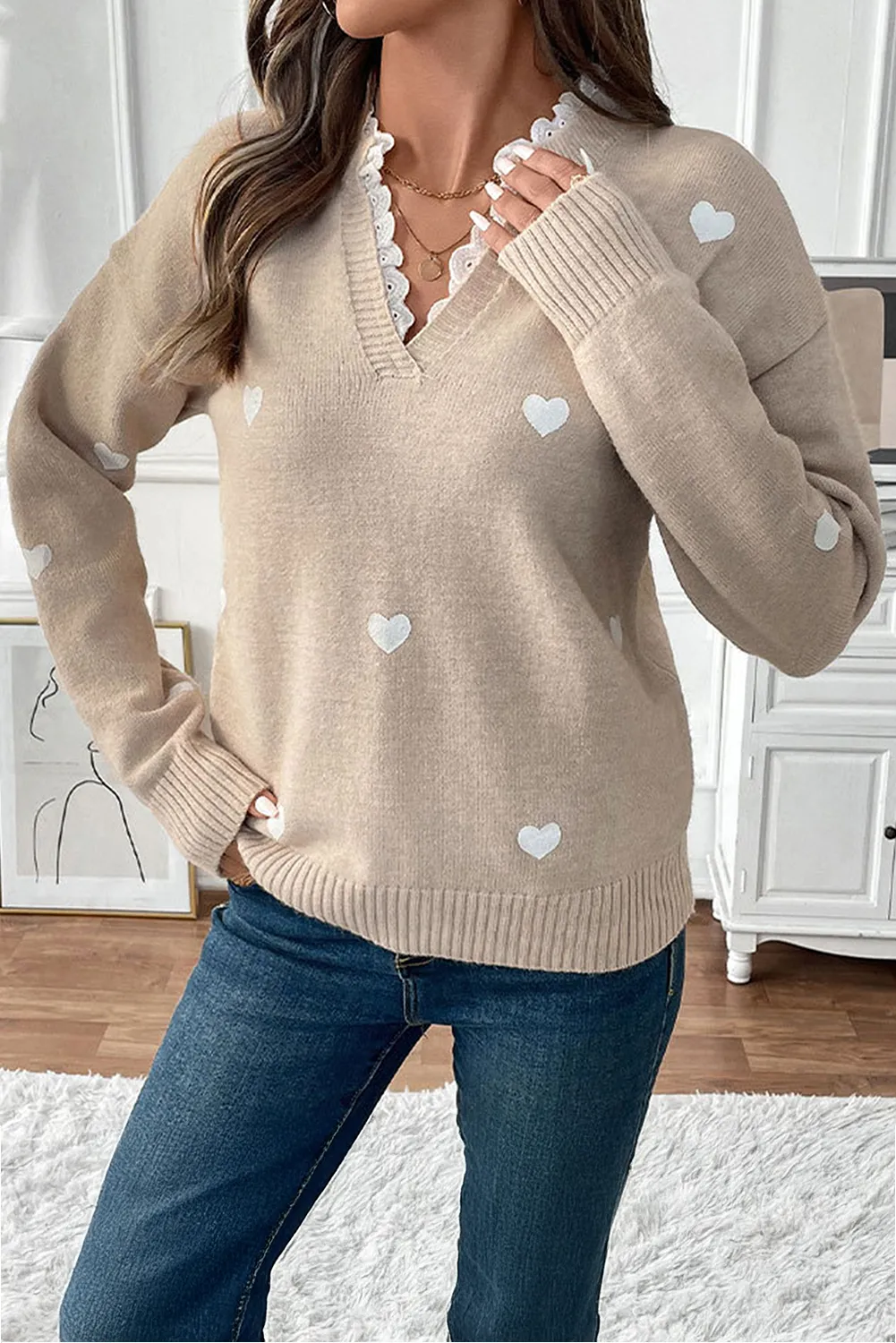 Heart Print Lace Splicing V Neck Valentines Sweater sold by Beagle Boutique product image thumbnail 4