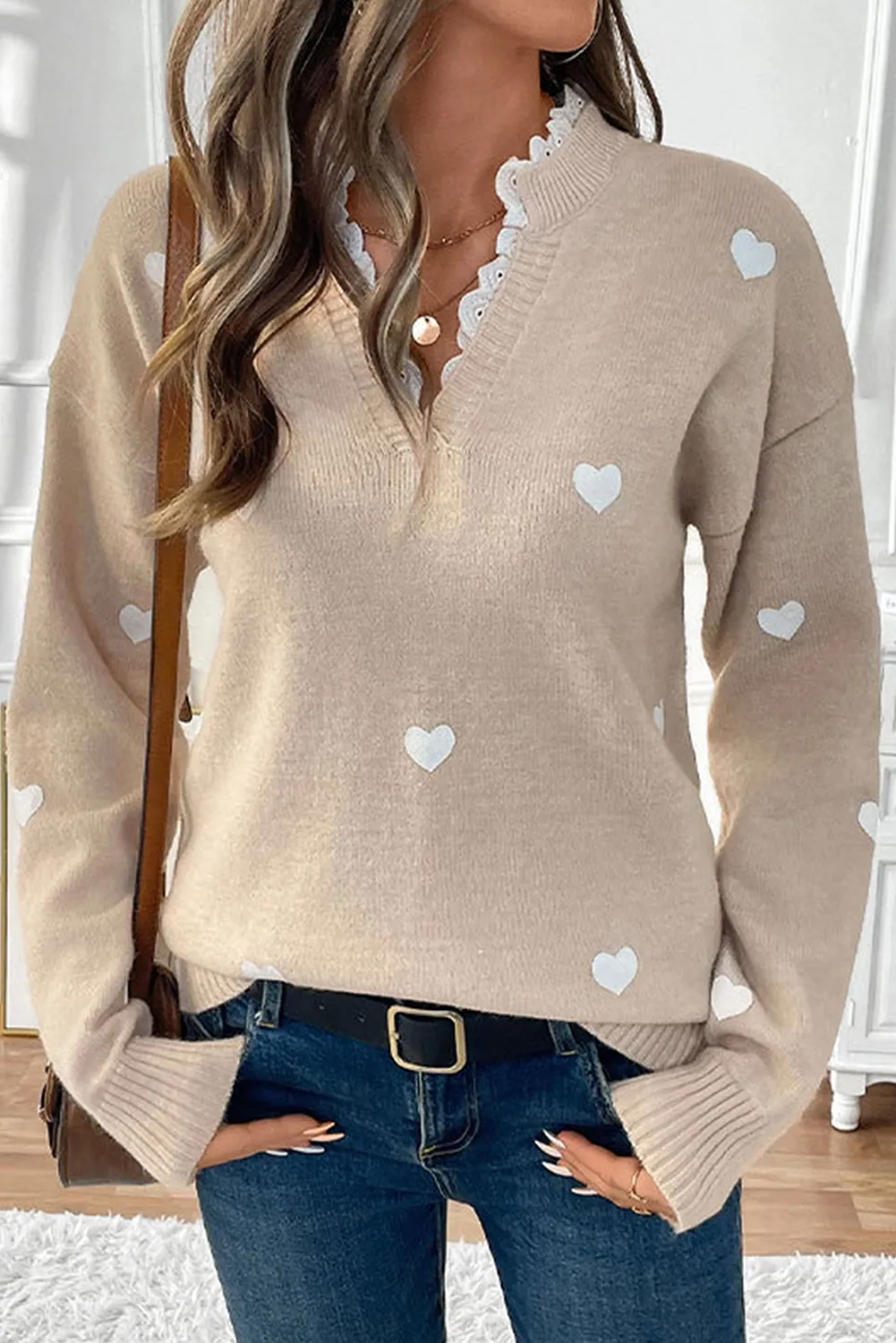 Heart Print Lace Splicing V Neck Valentines Sweater sold by Beagle Boutique product image thumbnail 5