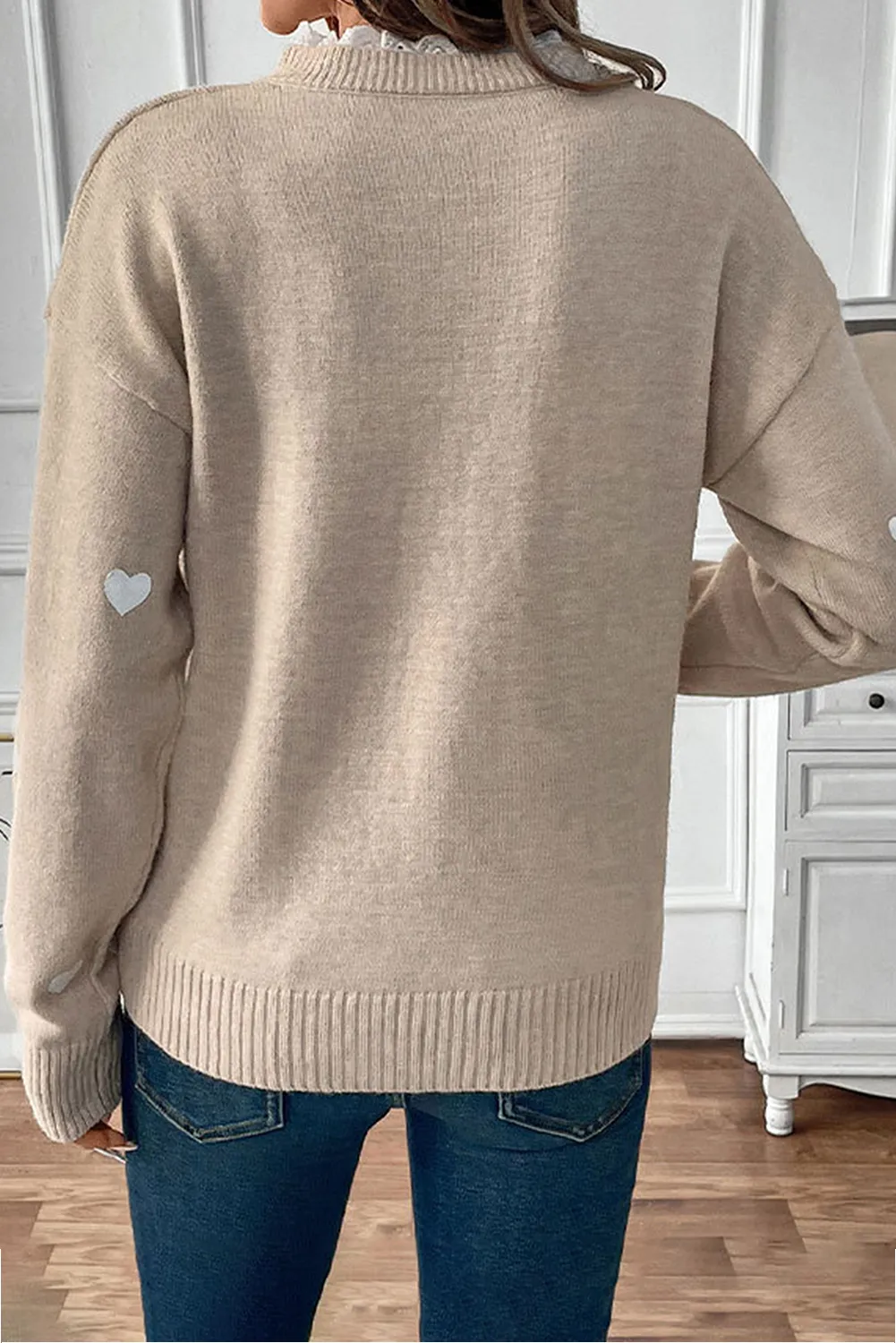 Heart Print Lace Splicing V Neck Valentines Sweater sold by Beagle Boutique product image thumbnail 2