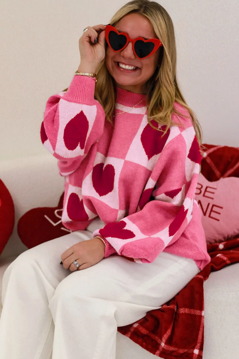 Pink Love Heart Checkered Valentine Crew Neck Sweater sold by Beagle Boutique product image thumbnail 3